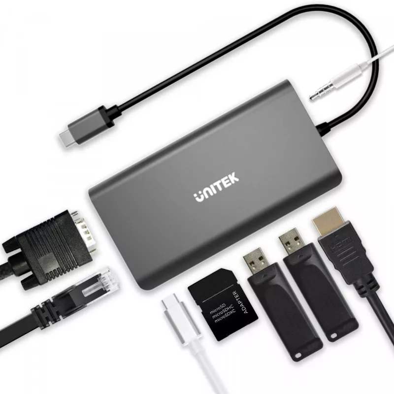 UNITEK uHUB O8+ Wired USB 3.2 Gen 1 Type-C Grey 100W Power Delivery
