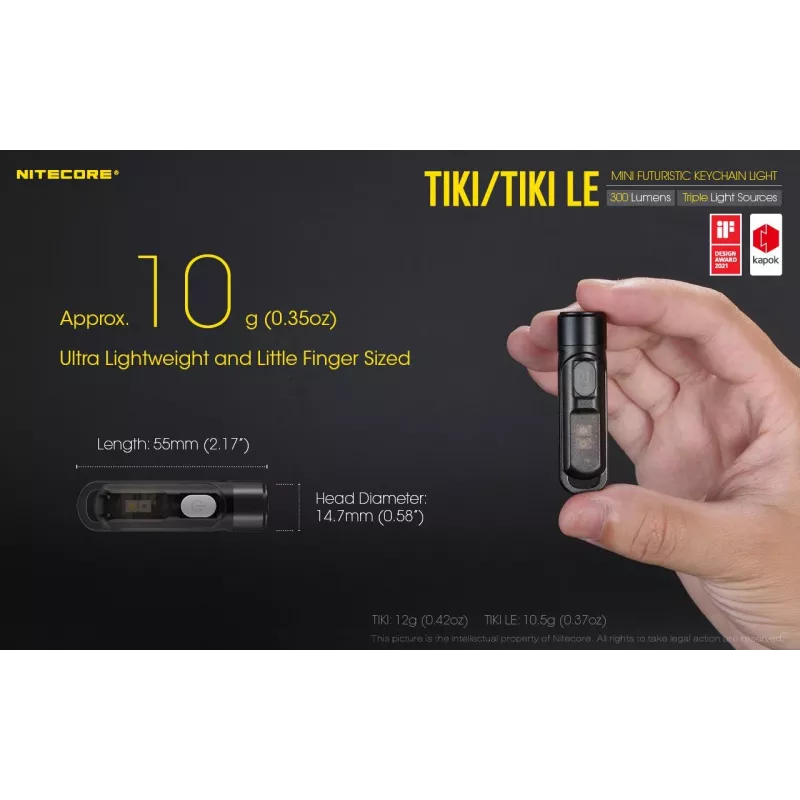 Hand flashlight Nitecore TIKI LE — 300 lm, USB-rechargeable, polycarbonate, IP66, shockproof, 10.5 g, 55 mm, Black