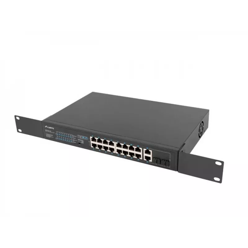 Unmanaged switch LANBERG RSFE-16P-2C-150 — 18-port Gigabit, 16 PoE+/2 SFP, 150 W total, 1U rack, metal, black