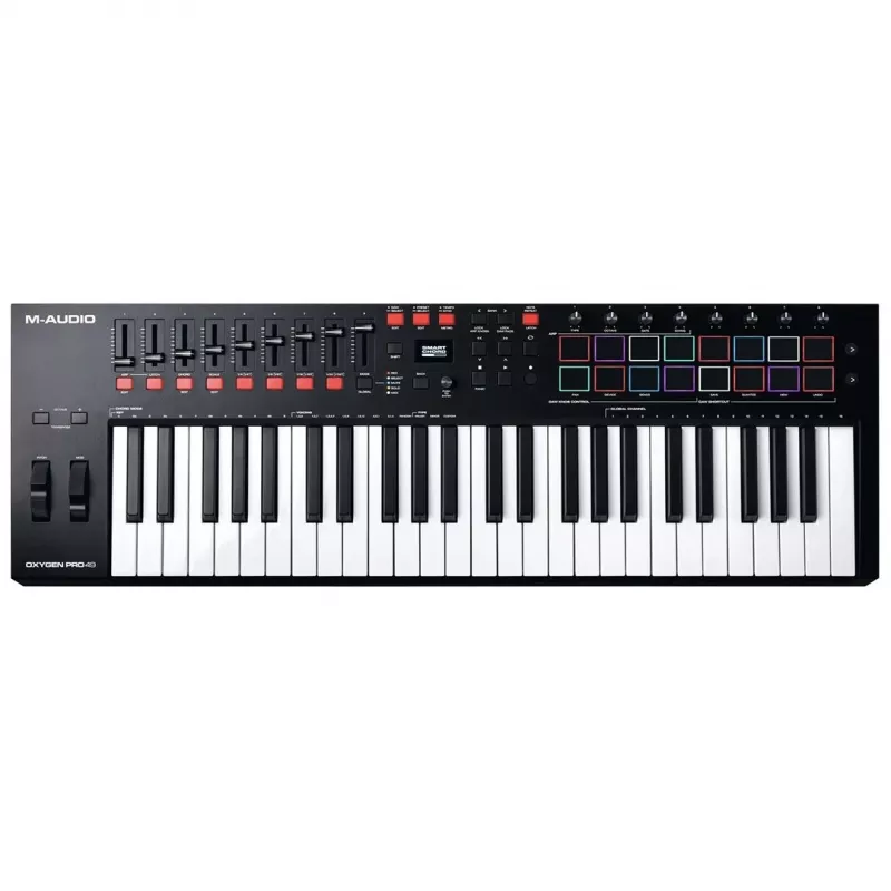 M-Audio Oxygen Pro 49 MIDI keyboard controller — 49 keys, 16 pads, 9 faders, OLED display, USB, MIDI out
