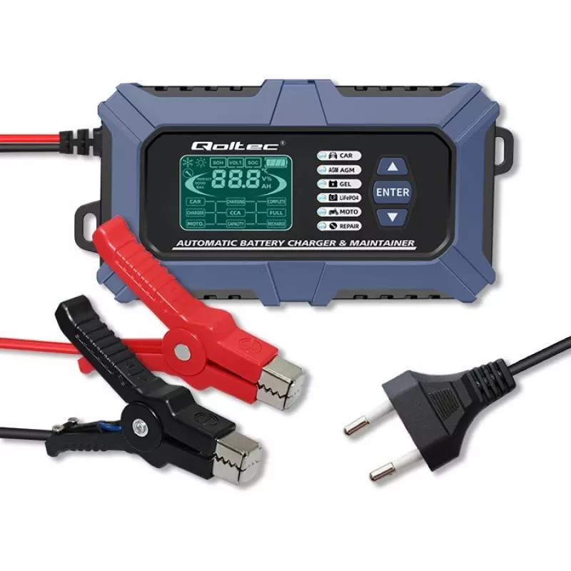 Qoltec Smart Microprocessor Battery Charger with Battery Tester and 12V Repair Function | 6A | LCD | Battery charger for AGM LiFePO4 GEL battery