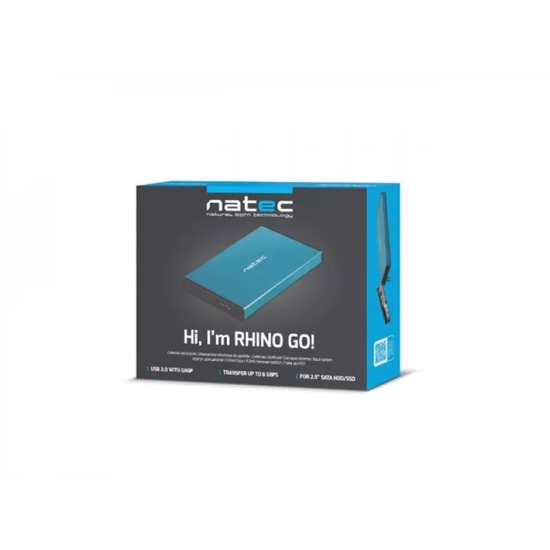 External HDD/SSD enclosure NATEC Rhino GO 2.5 inch — USB 3.0, SATA III, up to 4 TB, 9.5 mm, aluminium, blue