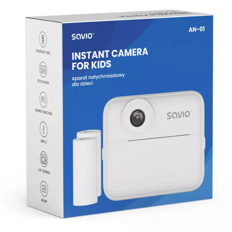 Instant print camera SAVIO AN-01 for kids, white, 2.4 inch LCD, MicroSDHC up to 32 GB, USB-C, 1200 mAh battery, no built-in flash