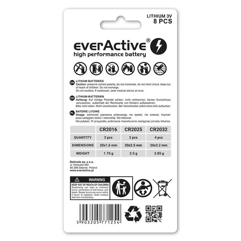 8 lithium battery set everActive 4 x CR2032, 2 x CR2025, 2 x CR2016