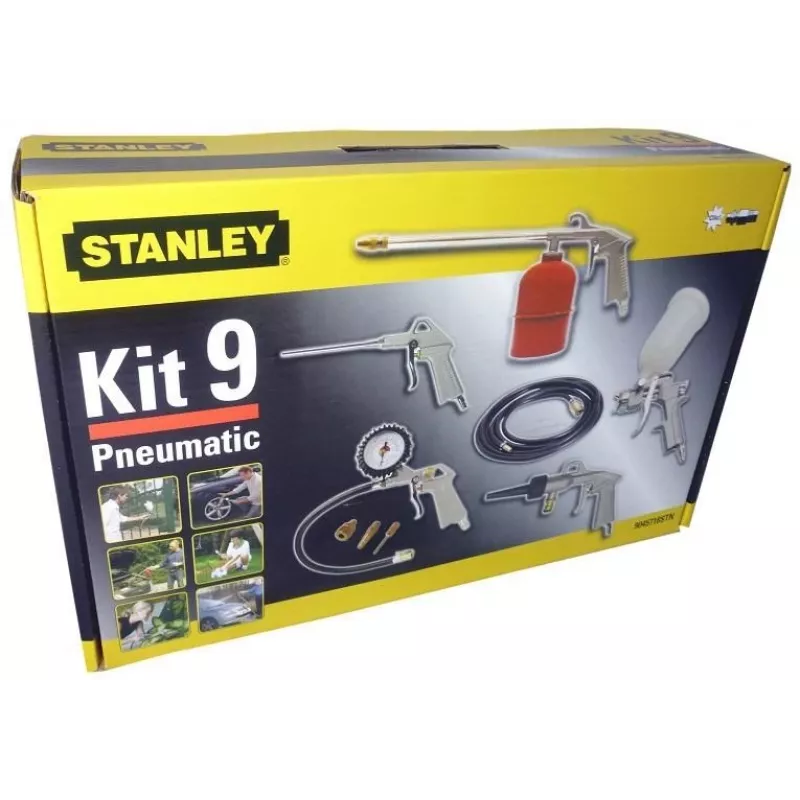 Pneumatic tool kit STANLEY 9045718STN, 9-piece set, metal tools, spiral hose 5 m, max 20 bar