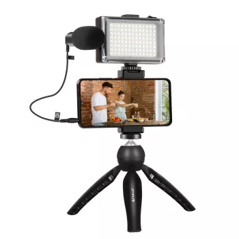 Tripod with LED Light, Microphone and Phone Clip Puluz PKT3132B – compact live recording set