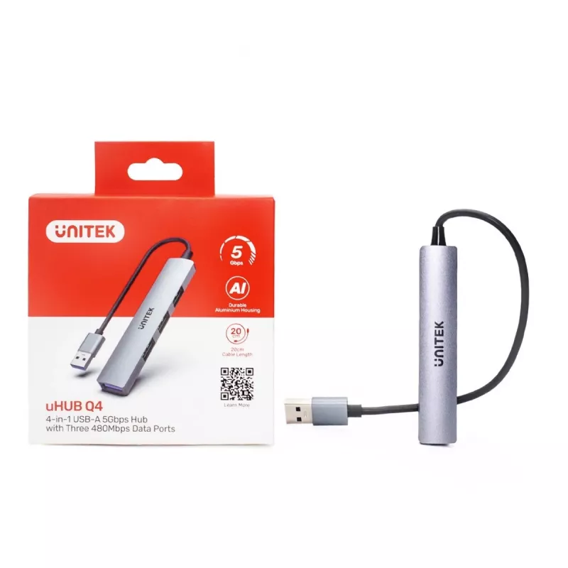 Unitek H1208A USB-A Hub, 4 Ports (1x USB-A 5 Gbps, 3x USB-A 2.0), Aluminium, Silver