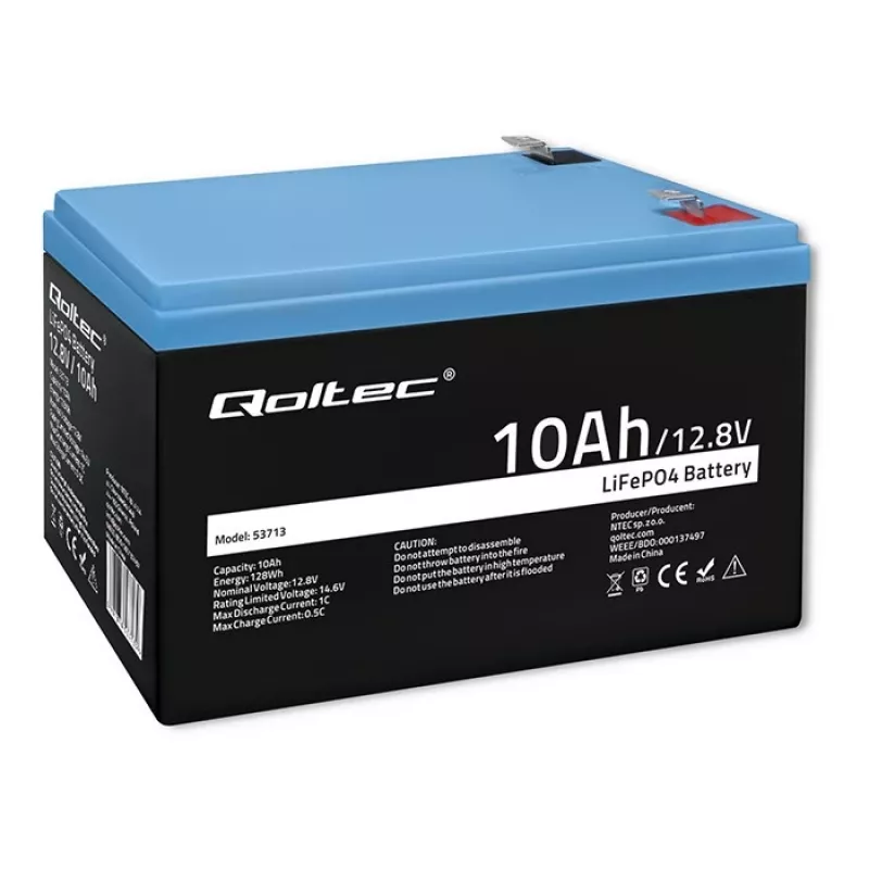 Rechargeable LiFePO4 battery QOLTEC 10Ah 12.8V 128Wh with integrated BMS