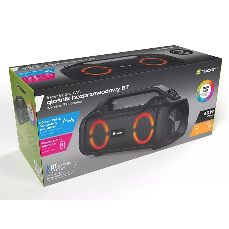 Stereo portable speaker TRACER BigBoy TWS Bluetooth 40W RMS, Bluetooth 5.3, 12h battery, Black