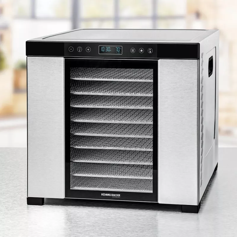 Food dehydrator Rommelsbacher DA1050, stainless steel, 5-tray (10 stainless trays), adjustable 35–75 °C, 99 h timer, 1.6 m² drying area