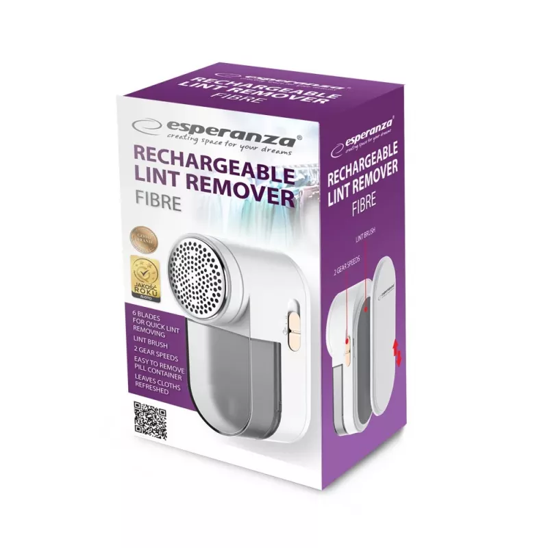Fabric shaver ESPERANZA ECS010 compact electric lint remover, 6 blades, stainless steel, head Ø5.3 cm, rechargeable 485 mAh, 60 min runtime, white