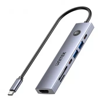 USB-C hub Unitek H1124AGY01 with 100W PD, HDMI 2.0, 2x USB‑A, 2x USB‑C, SD/microSD reader — aluminium