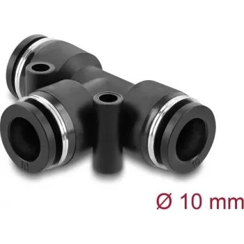 Pneumatic T‑connector DELOCK 10 mm with two mounting holes, black metal/plastic, female thread, 55 mm