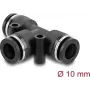 Pneumatic T‑connector DELOCK 10 mm with two mounting holes, black metal/plastic, female thread, 55 mm