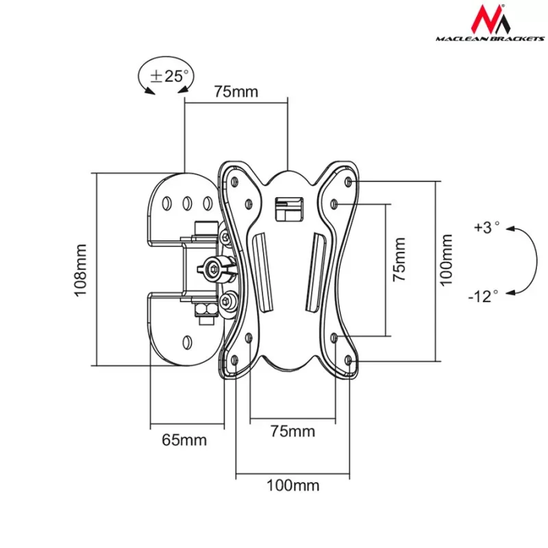 Wall mount bracket MACLEAN MC-670 — adjustable, supports up to 20 kg, VESA 100x100, for 13–27 inch monitors, black
