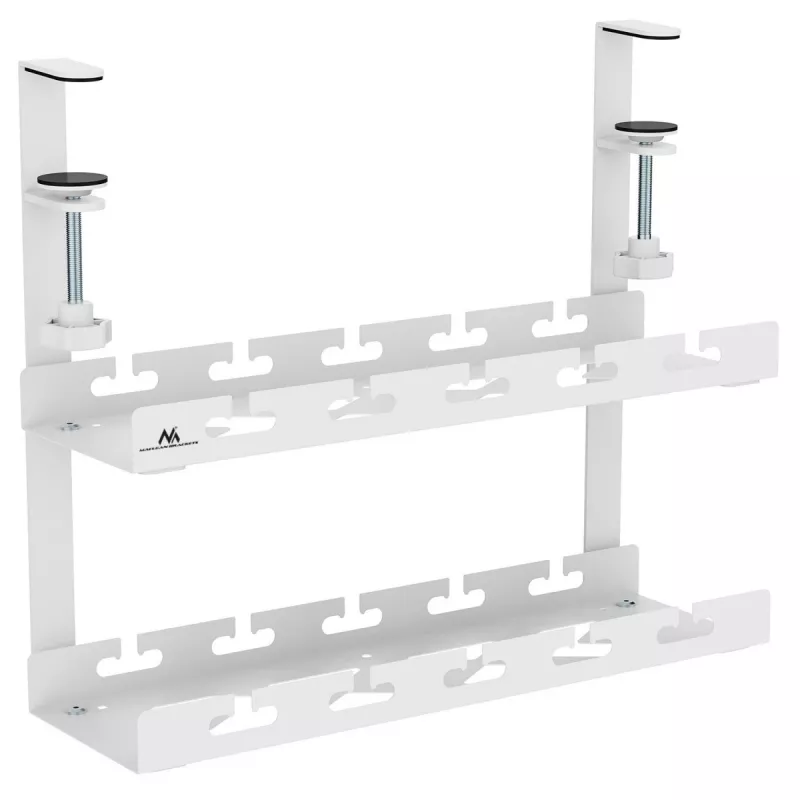 Under-desk cable organizer MACLEAN MC-104 W, 2-level steel tray, white, max load 5 kg, fits desk 0.5–5 cm