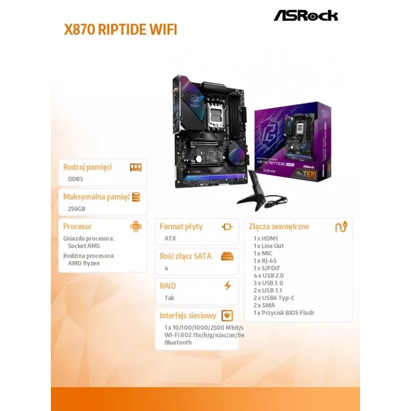 Motherboard ASRock X870 Riptide WiFi — ATX, AMD X870, Socket AM5, DDR5, 4 DIMM, 256 GB, Wi‑Fi 7, 2.5GbE