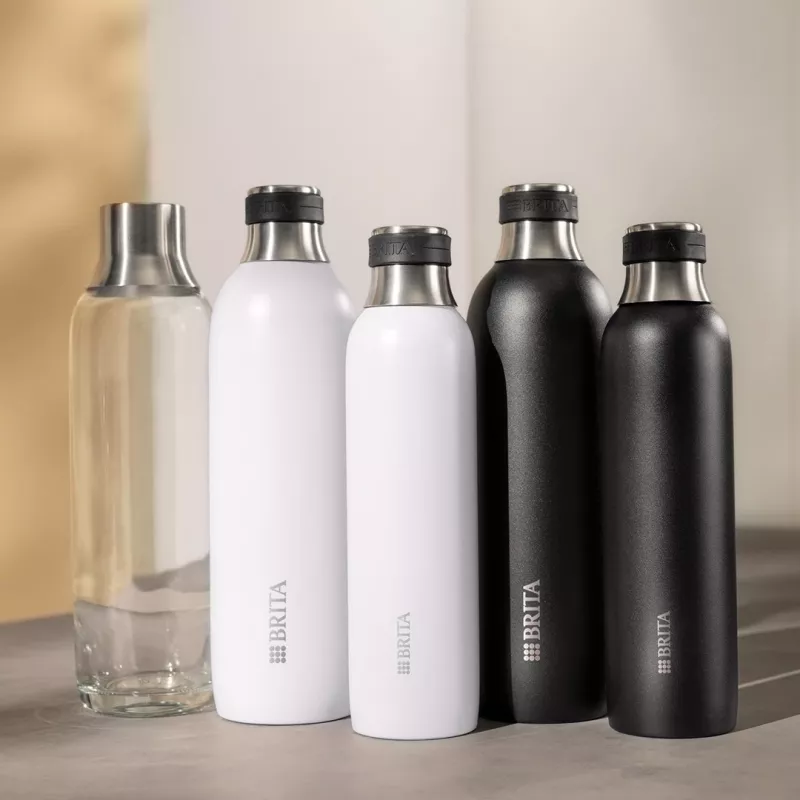 Carbonating bottle BRITA 118426 – 1 L glass bottle with stainless steel cap, 287 mm height, pack of 2
