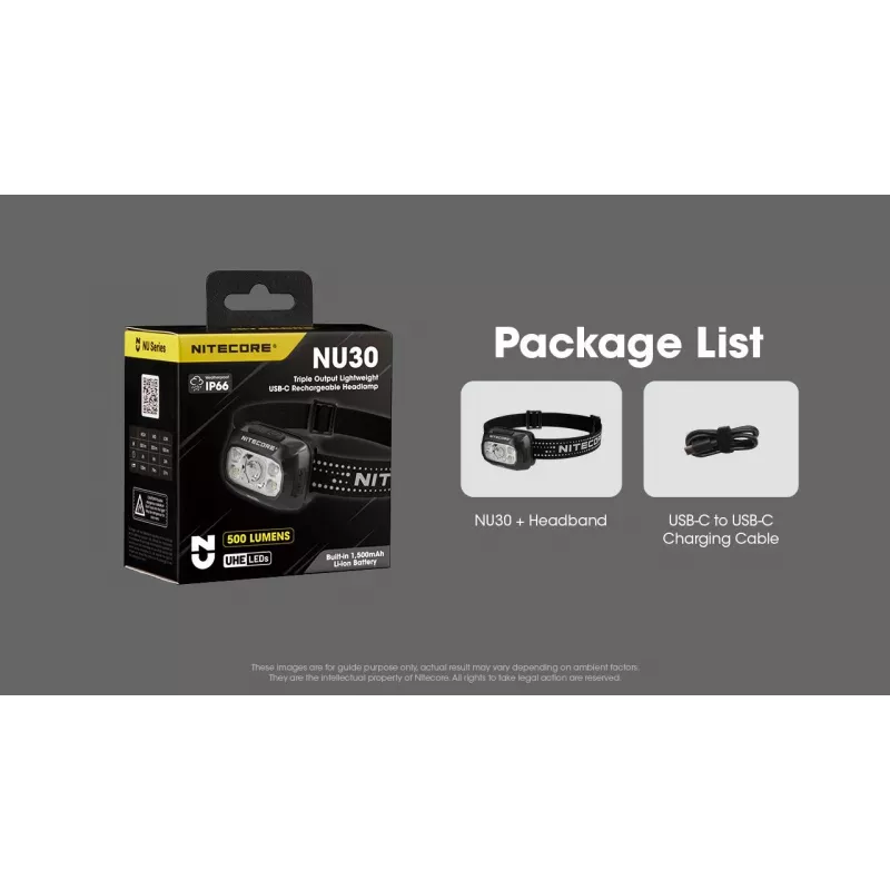 Headlamp Nitecore NU30 — compact wearable LED headlamp, up to 500 lumens, multiple output levels, red-light mode