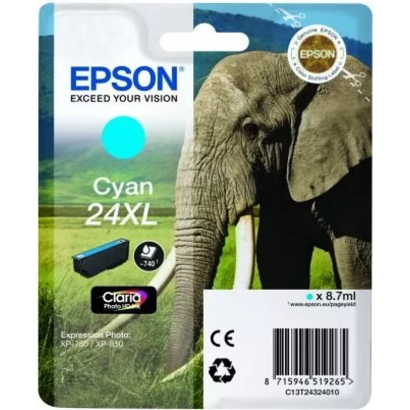 Epson Elephant Singlepack Cyan 24XL Claria Photo HD Ink, Cyan, 1 pc(s)