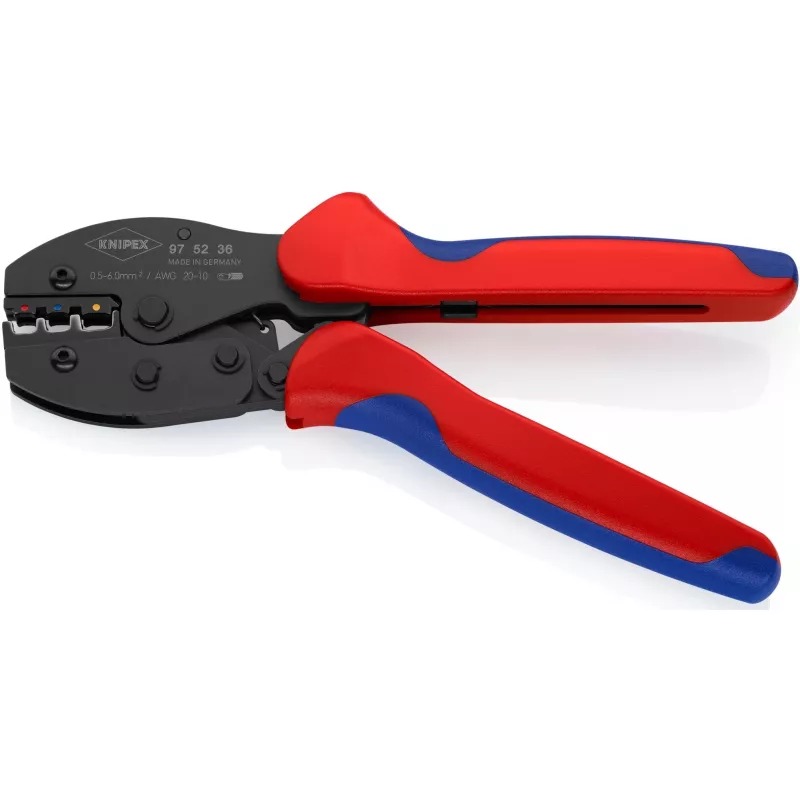 Crimping tool Knipex PreciForce model 975236 SB — insulated handles in black, blue and red