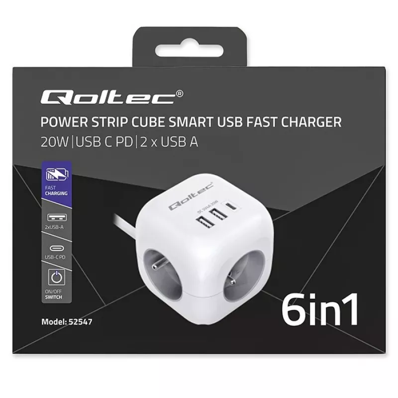 Power Cube QOLTEC 52547 power strip 3×AC sockets, 2×USB-A, 1×USB-C PD 20W