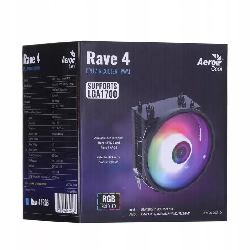 CPU Cooler AEROCOOL PGS Rave 4 FRGB 120mm fan, 4 heat pipes, ARGB, 120×25 mm, 1800 RPM, 12 V, 0.5 A