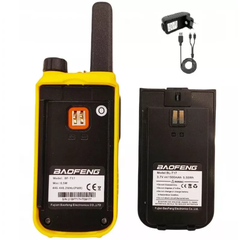 Handheld radio Baofeng BF-T17 — children's walkie-talkie, 16 channels, 5 W, 400–470 MHz, 1500 mAh battery, yellow