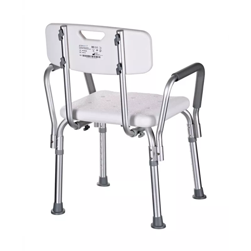 Shower chair ActionMed KP300AM with backrest and armrests, polypropylene, adjustable height 43–56 cm, seat 40×33 cm, max user weight 110 kg