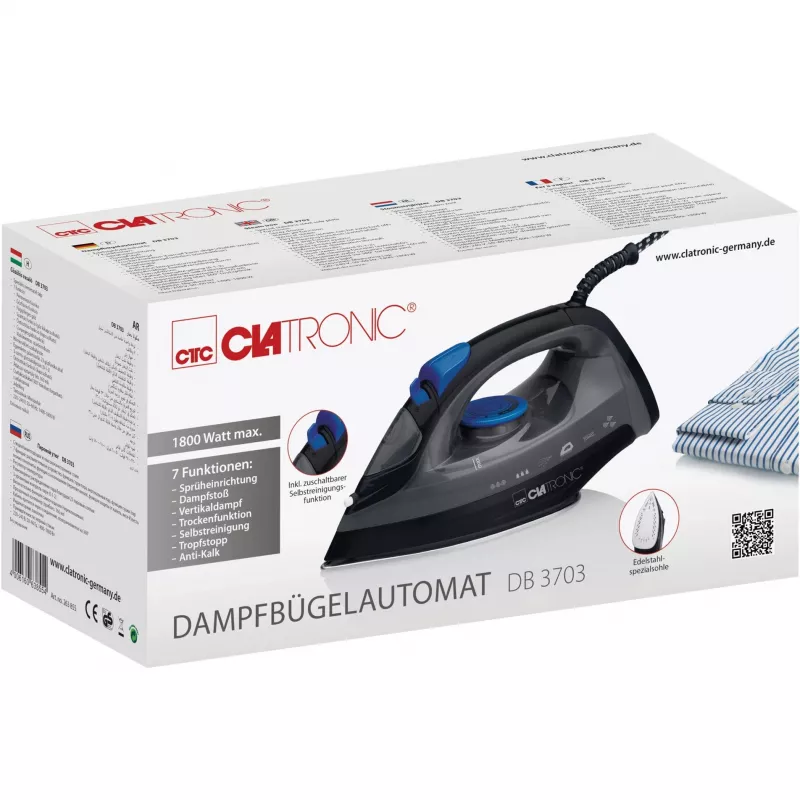 Iron CLATRONIC DB 3703 — Dry & Steam iron, Stainless Steel soleplate, 1800 W, Black/Grey