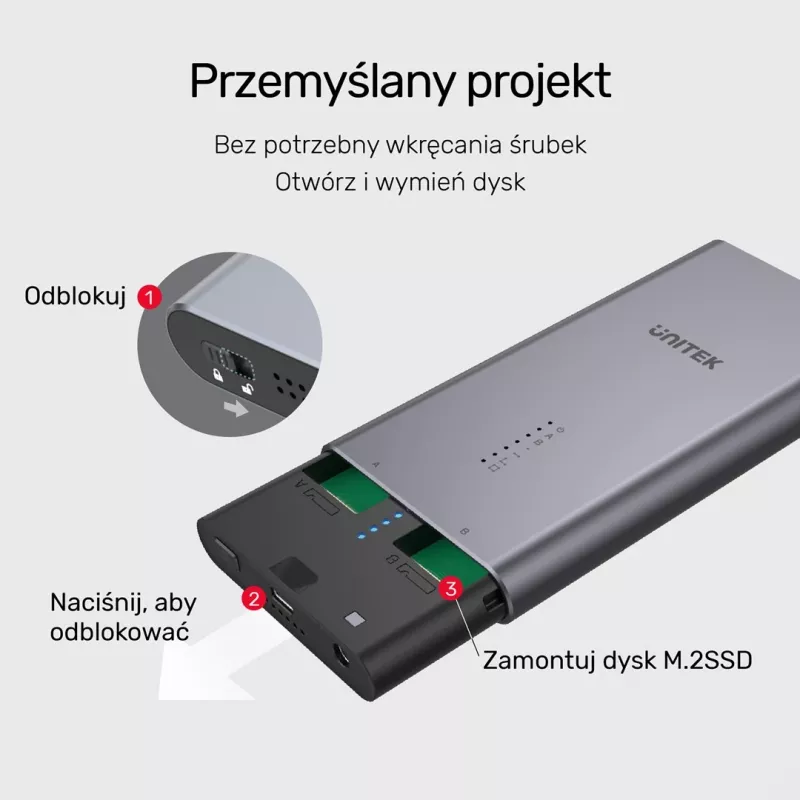 SSD enclosure Unitek S1206A for 2× M.2 NVMe PCIe Gen3 x4 drives, USB 3.2 Gen 2 (10 Gbit/s), aluminium, USB-C, includes power supply