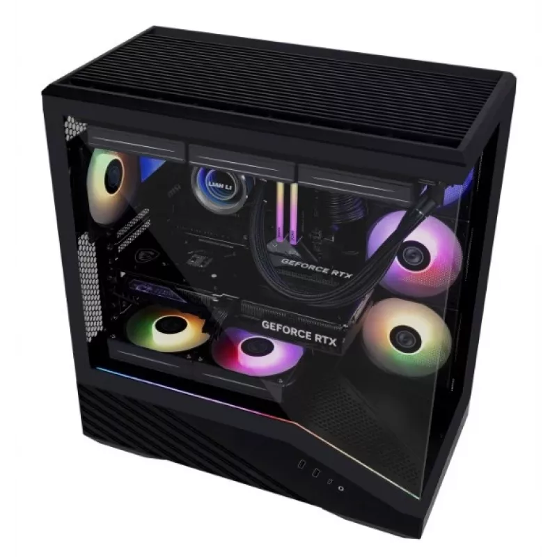 PC Case Lian Li Vector V100 Midi Tower — Black with Transparent Panel, supports 3×120mm side + 1×120mm rear fans, 3.5 inch HDD, 2.5 inch SSD, 235.5×446×484.6 mm