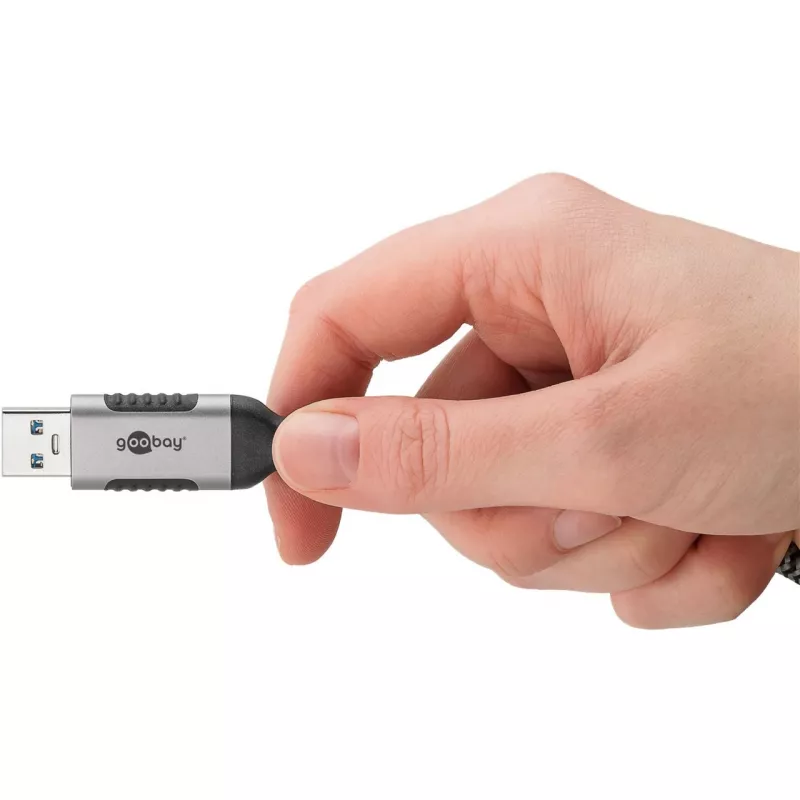 Ethernet-Cable USB-A 3.2 Gen1 Plug > RJ-45 Plug, LAN-Adapter black/Silver, 1,5 Meter, braided textile jacket