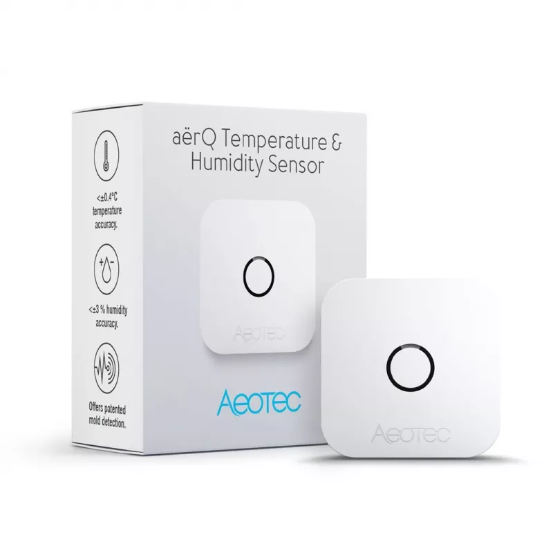 Indoor temperature and humidity sensor AEOTEC AEOEZWA039 — freestanding, battery-powered, 34×34×17 mm