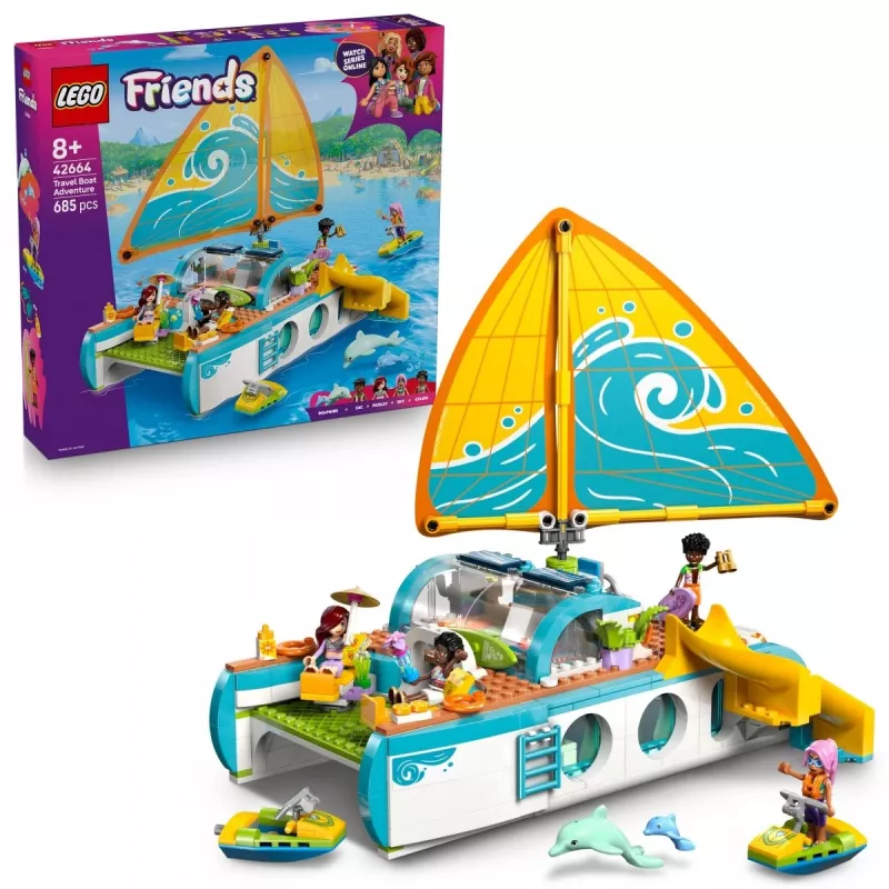 LEGO Friends playset Travel Boat Adventure 42664 — 685 pieces, 4 mini-dolls, ages 8+, 260×190×320 mm