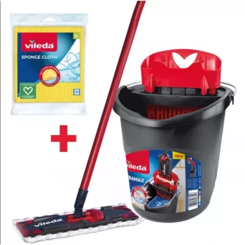 Floor mop VILEDA Ultramax BOX 177453 with refillable microfiber head, wringer bucket, 3 washable wipes, black