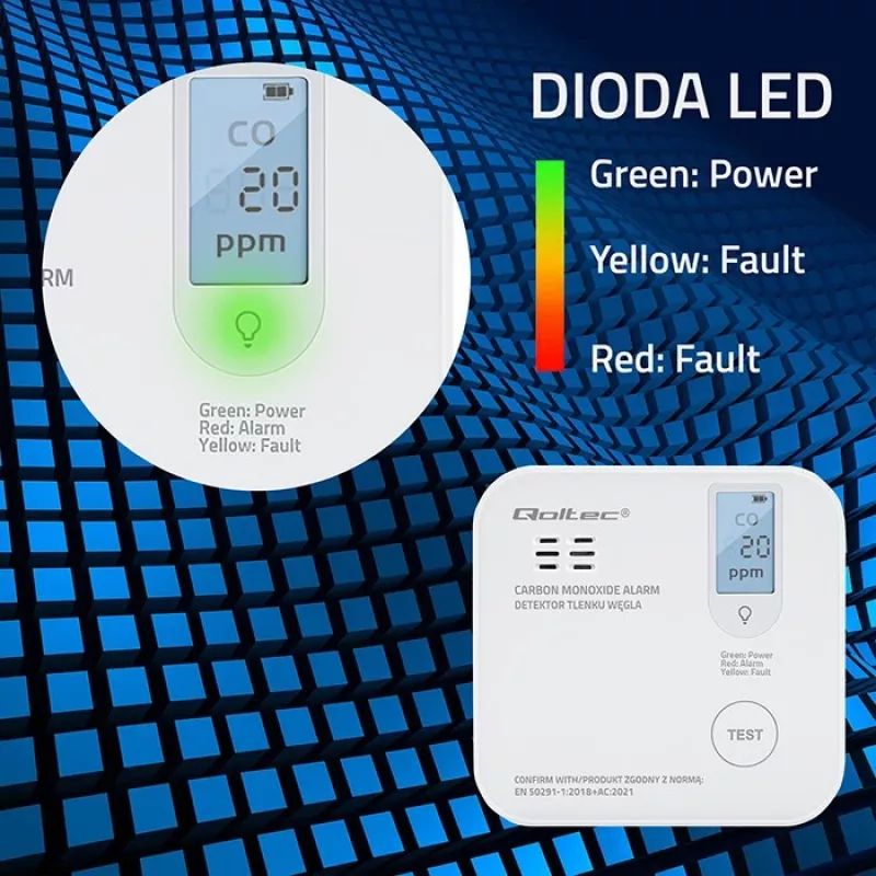 Carbon monoxide sensor QOLTEC 52577 — battery-powered alarm, 85 dB sound level