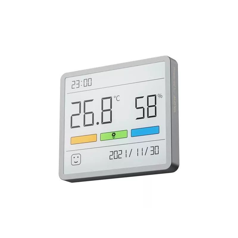 Combined hygrometer, thermometer and clock MOVA MTHM01 — indoor digital unit measuring relative humidity and temperature, compact for desk, shelf or wall
