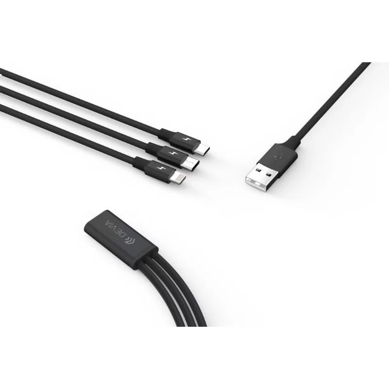 USB 3-in-1 charging/data cable Devia Kintone Series — Lightning, Micro-USB, USB-C, 1.2 m, black