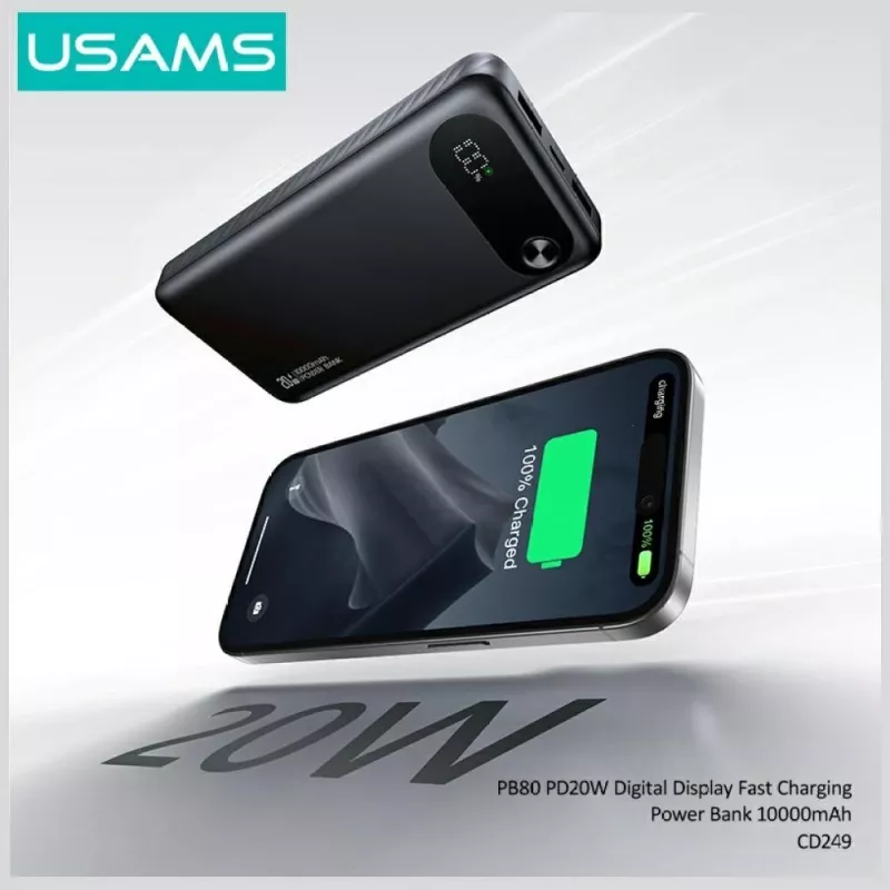 Power bank usams PB80 PD20W 10000mAh — portable charger, black