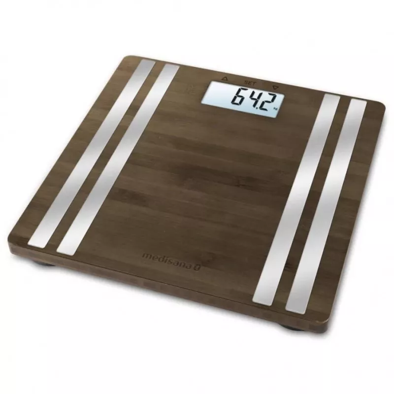 Electronic personal scale Medisana BS 552 — silver bamboo top, max 180 kg, 100 g accuracy, Bluetooth, BMI, body composition