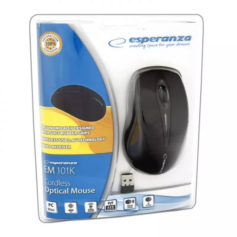 Wired? No — Wireless RF mouse ESPERANZA EM101K, ambidextrous, 1000 DPI, 2.4 GHz nano USB receiver, black
