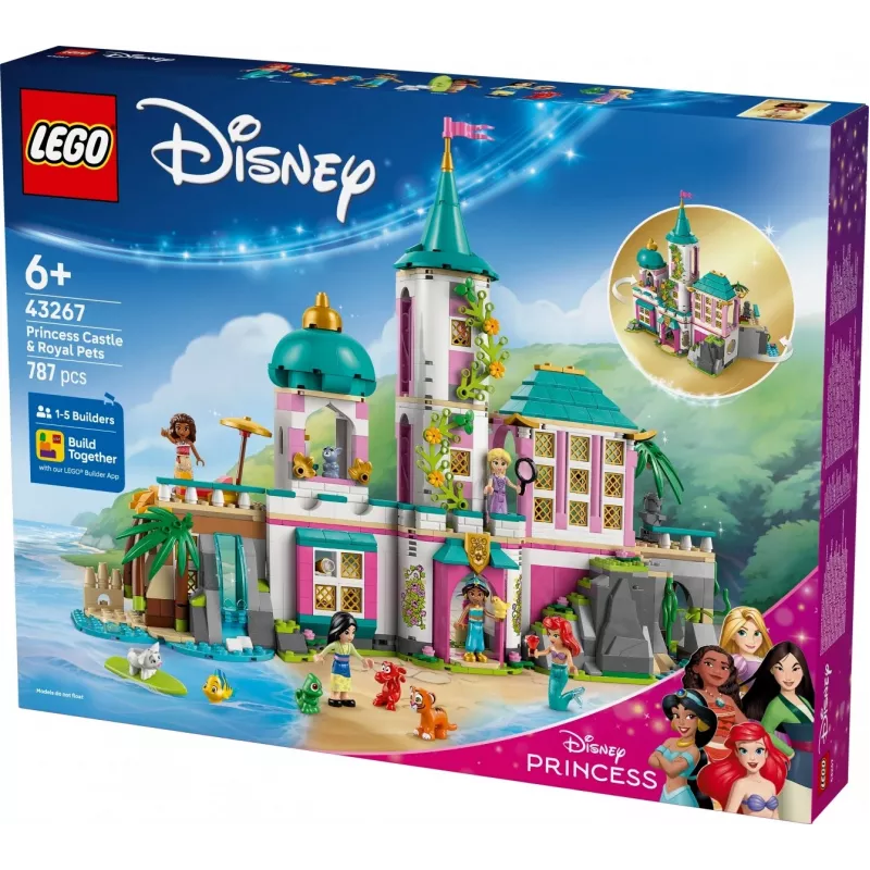 LEGO Disney Princess Castle and Royal Pets building set 43267 — 787 pieces, 5 minifigures, age 6+, 320×460×100 mm