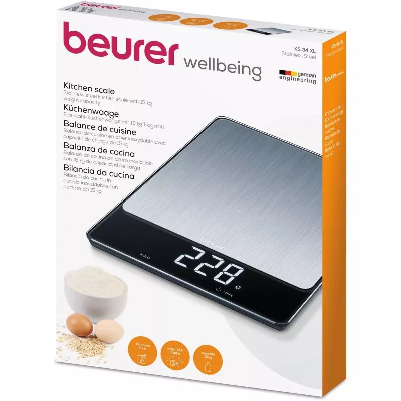 Kitchen scale Beurer KS 34 XL stainless steel, capacity 5 kg, precision 1 g