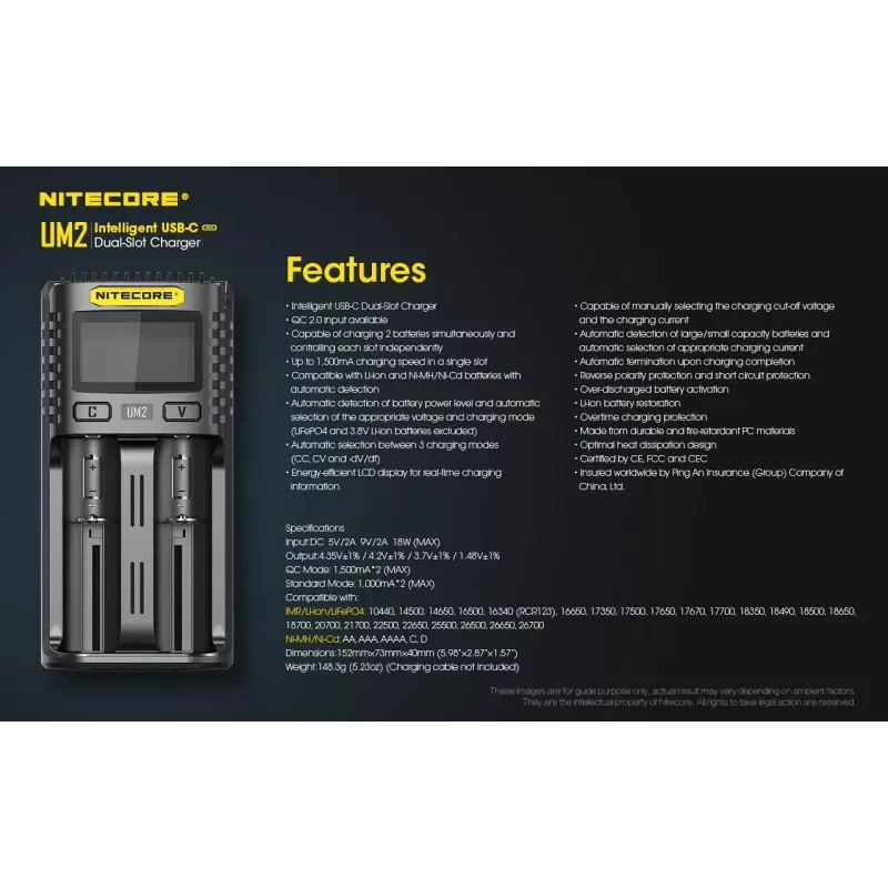 Nitecore UM2 battery charger Household battery DC Lithium-Ion Nickel-Cadmium