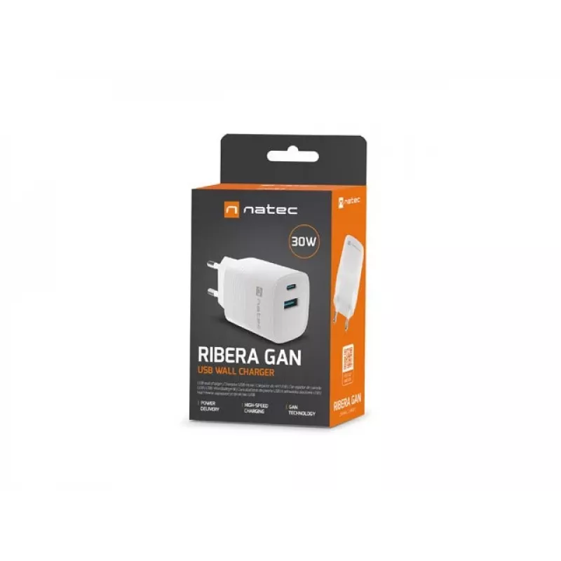 Wired mobile device charger NATEC NUC-2140, 30W, USB-C PD 3.0 + USB-A, Samsung AFC, White