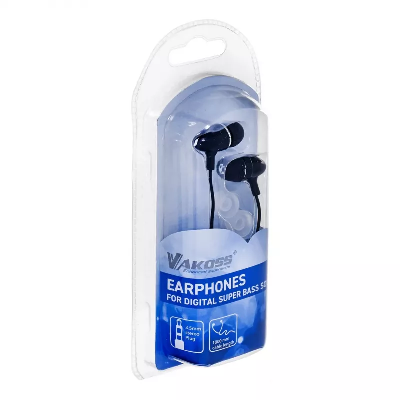 In-ear wired headphones VAKOSS LT-437EX, binaural, 3.5 mm, 1 m cable, 32 Ω, 20–20000 Hz, closed, black