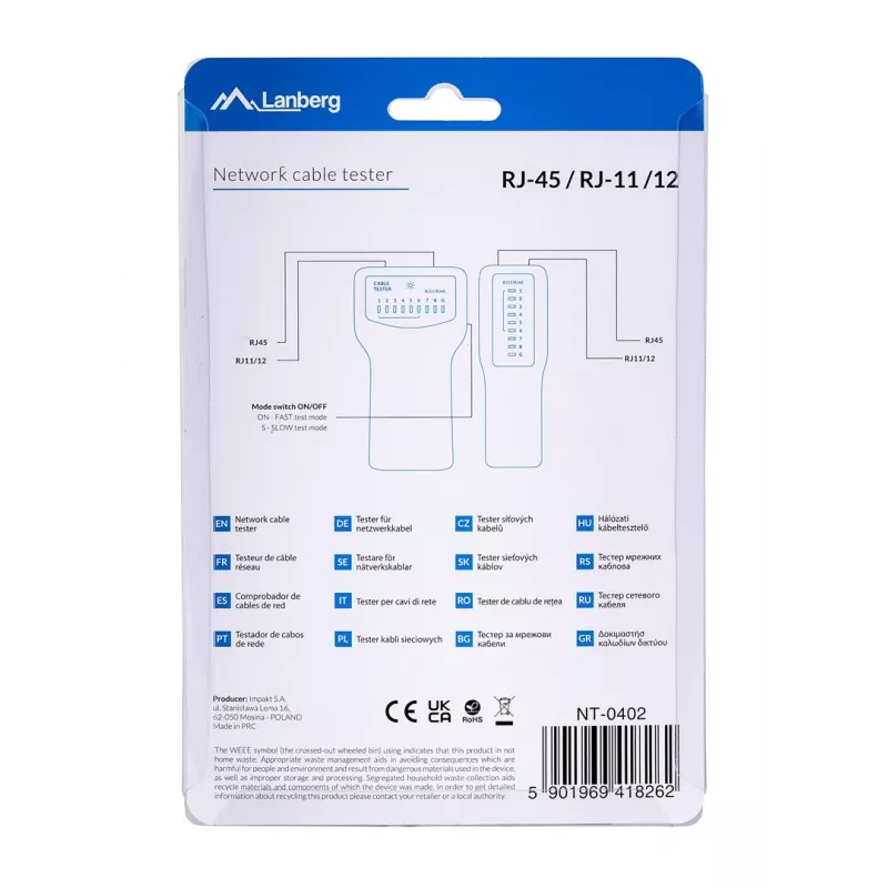 PoE tester LANBERG NT-0402 — PoE network cable tester with RJ-45/RJ-11 support, LED indicators, power LED, on/off switch