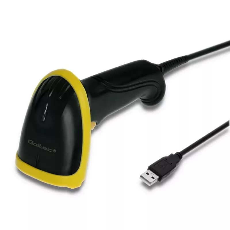 Handheld barcode reader QOLTEC 50867 — 1D/2D laser scanner, USB wired, 600 mm range, yellow/black