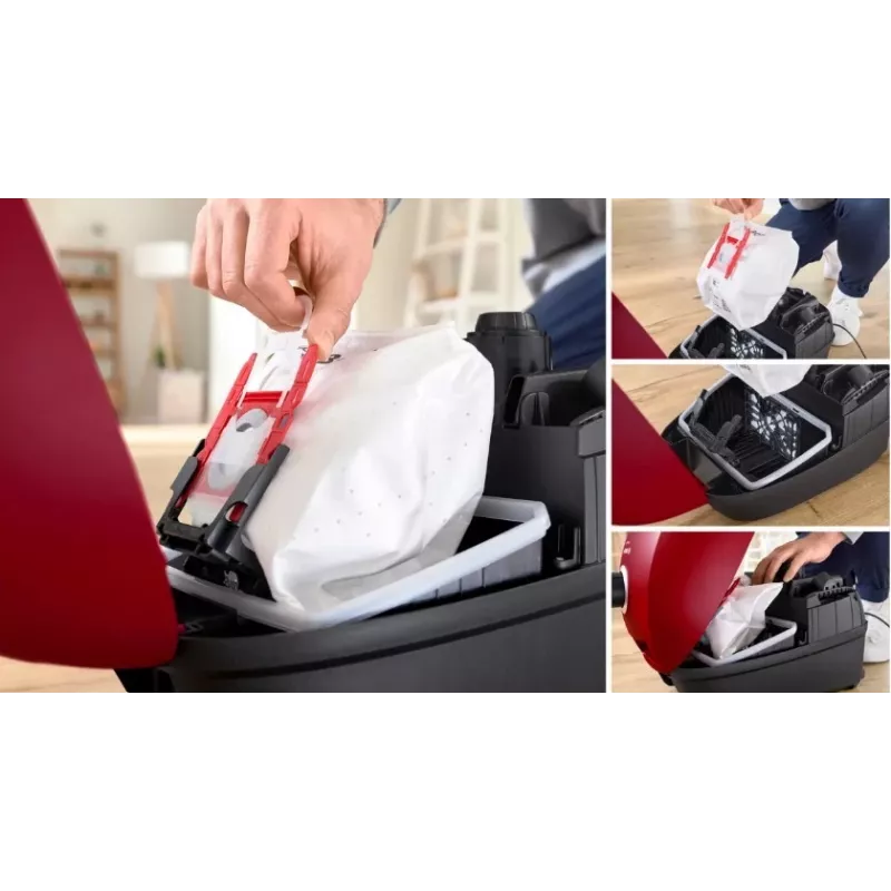 Vacuum cleaner Bosch BGB 41RD3H — 600 W, 4 L dust bag, HEPA filter, 11 m radius, telescopic tube, red